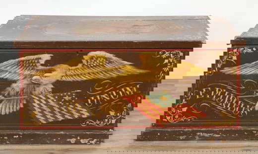 Polychromed Brown Painted Captain's Chest: Polychromed Brown Painted Captain's Chest, Tall Ship Patriot, Capt. Larter 21" H x 46" W x 23" D Property from a Litchfield home.