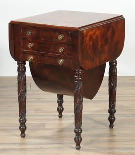 19th C. Empire Mahogany Work Table: 19th C. Empire mahogany carved work table, 3 drawers bottom drawer fitted with compartments, lined with marbleized paper fully extended 27 1/2 x 35 1/2 x 20 1/2, closed 27 1/2 x 18 1/2 x 20 1/2 From a