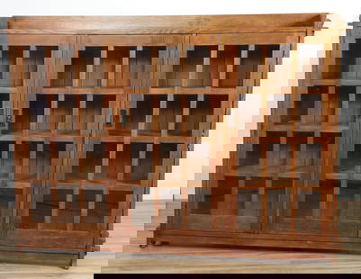 Contemporary Stickley Oak Bookcase: Contemporary Stickley Oak Bookcase, Arts & Crafts Style, labeled, branded, dated March 9, 1998, #13 8-9 -647, 83 55.25" H x 74' W x 12.5" D