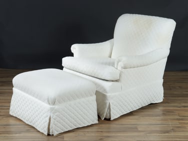 Quilted White Cotton Club Chair & Ottoman