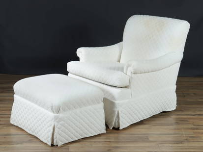 Quilted White Cotton Club Chair & Ottoman: Quilted White Cotton Club Chair & Ottoman 35" H x 33" W x 36" D Property from a Northwest Connecticut collection.