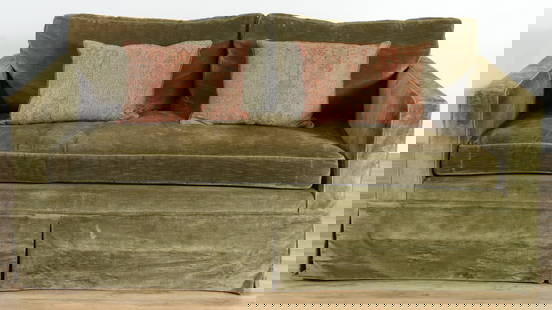Cowtan & Tout Moss Green Linen Velvet Sofa: Cowtan & Tout fabric 71" moss green linen velvet sofa, foam and down cushions with two paisley down filled accent pillows, wood turned legs, kick pleat skirt 32 x 71 x 37 1/2, seat height 20" From a G