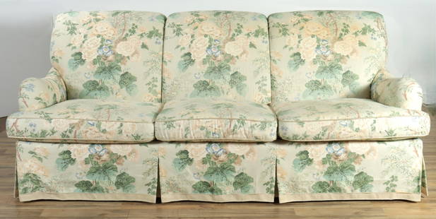 Custom Contemporary Upholstered Sofa: Custom Contemporary Upholstered Sofa, upholstered in foliate light green print 36" H x 82" W x 41" D