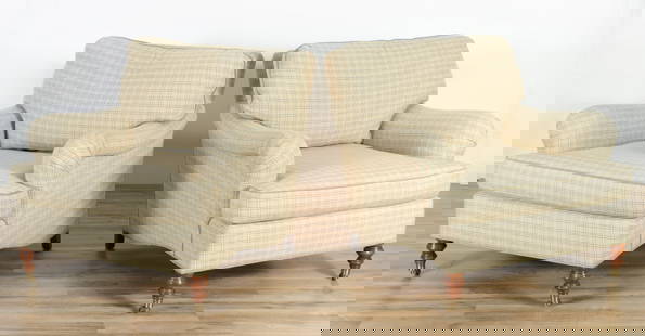 Pair George Smith Style Club Chairs By Edward Ferrell: Pair George Smith Style Club Chairs, upholstered in beige plaid cotton, brass casters, baluster legs. Tagged Edward Ferrell. 32" H x 34" W x 36" D