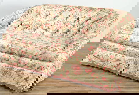Custom Contemporary Upholstered Sofa: Custom Contemporary Upholstered Sofa, upholstered in foliate beige print 29" H x 69" W x 36" D