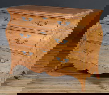 Ethan Allen Louis XV Style Pine Bombe Chest: Ethan Allen Provincial Louis XV style pine bombe chest of drawers, 20th Century, labeled, with three drawers. 33" H x 42" W x 17 1/2" D