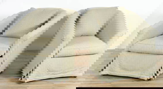 Cowtan & Tout Pale Green Upholstered Club Chairs: Pair of Cowtan & Tout fabric upholstered club chairs, pale green woven stripe pattern, roll arm, down foam blend seat cushion with a geometric pattern square down pillow in complimentary blue green co