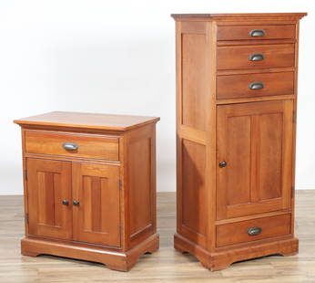 Two Michaels Cherry Bedroom Case Pieces: Two Michaels cherry bedroom pieces, comprising a tall chest and a bedside commode, all with cedar drawer liners or shelves; the chest with four long drawers and a cupboard; the commode with a long dra