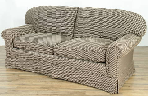 Cobble Court Modern Upholstered Sofa: Cobble Court (Litchfield, CT) Modern Sofa, upholstered in brown patterned damask 36" H x 78" W x 38" D Property from a Litchfield home.