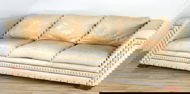 Hancock & Moore Leather Sofa: Hancock & Moore Stitched Tan Leather Sofa, brass tacked 32" H x 98" W x 41" D Property from a Litchfield home.