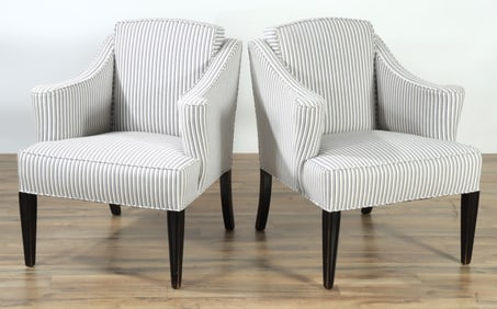 Pair Blue & White Striped Cotton Armchairs