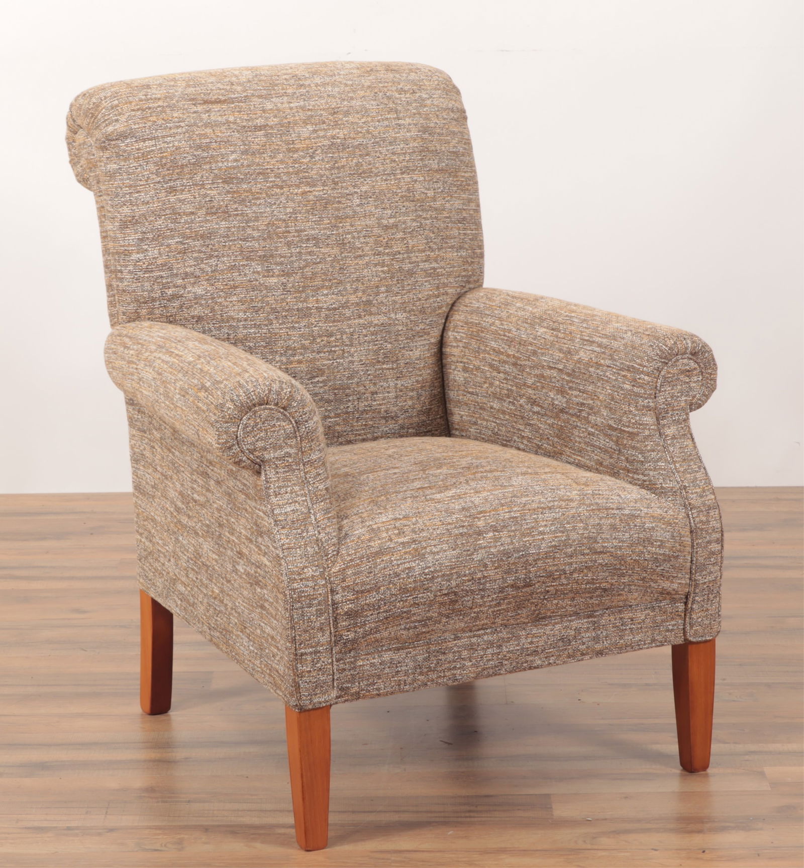 Nina Campbell Lounge Chair: Nina Campbell Cherry Lounge Chair, Elizabeth Barrett Browning Model, upholstered in woven brown linen Overall height: 36 1/2"; width across arms: 29"; seat height: 16"