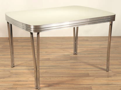 Acero Furniture Chrome Extension Dining Table: Acero Furniture Chrome Extension Dining Table, Mid Century style, including one leaf 29.25" H x 35.75" W x 38" L, Leaf 9.5" L Property from a Litchfield County home.