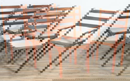Six Kipp Osborne MCM Style Dining Chairs: Set of six Midcentury Modern style teak dining chairs, made by Kipp Osborne, dated 1988, comprising 2 armchairs and 4 side chairs, rails numbered 2, 3, 4, 5, 6 and 7; chair number 7 signed and dated.