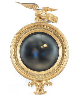Federal Gilt Wood Convex Mirror: Federal gilt wood convex mirror, c.1820, eagle surmount, terminates with foliate spray 28 3/4 x 19 1/2 x 6 From a Greenwich Connecticut Collector