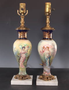 Attrib. Sevres Porcelain Vases - M. Renclers: Late19th C. attributed Sevres porcelain vases as table lamps, gilt bronze mounts, signed by artist M. Renclers who worked at the Sevres Porcelain Factory. Top of socket 17 1/2 , base 4 3/4 square, vas