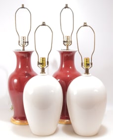 Two Pairs Porcelain Table Lamps, Parchment Shades