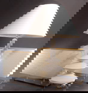 Modern Table Lamps; Giacometti Style, Rectangular: Giacometti style soft off-white matte finish ceramic cast lamp. Pair Wingard chromed base and basket woven plastic shades, two lights each. 14"H x 8.5, 7" base dia. Pair: 13.5H x 18 x 5. Property from