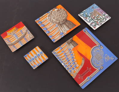 Group 5 Hermes Plates: Group of 5 Hermes porcelain plates, four in the Brandebourgs pattern, the fifth a Holiday theme plate. In original Hermes packaging. Brandebourgs plates: smallest: 2 7/8" x 2 7/8"; the largest 7 1/2"