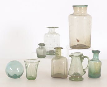 Group Miniature Blown Green Glass 8 Pcs