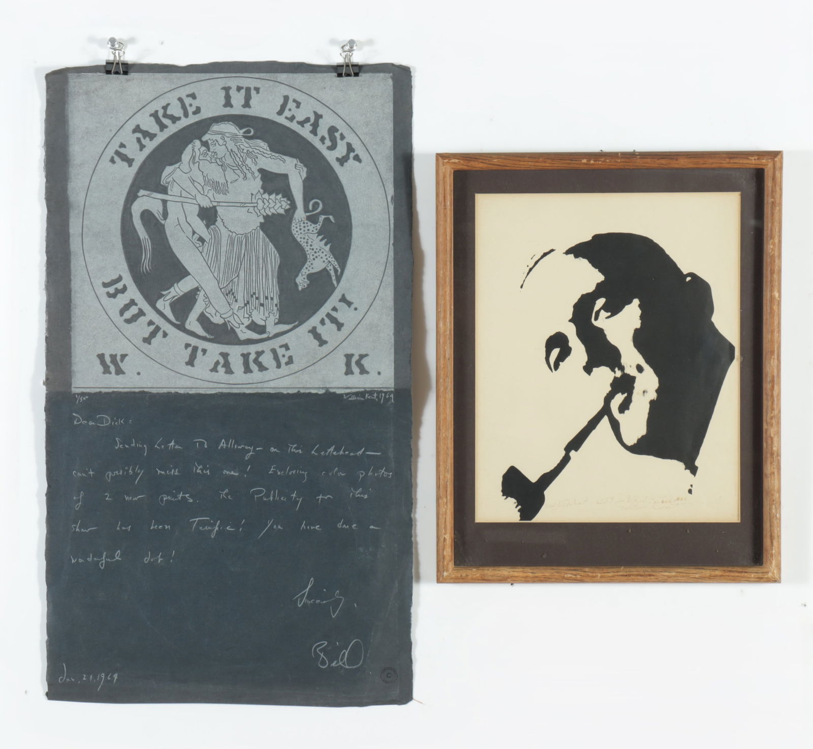 William M. Kent - TAKE IT EASY & Self Portrait: William M. Kent, American, 1919-2012, TAKE IT EASY BUT TAKE IT!, W.K., graphite numbered ed. 1/500, signed and dated 1964 print on black paper, Personal notation to Richard Castellane reads "Dear Dick