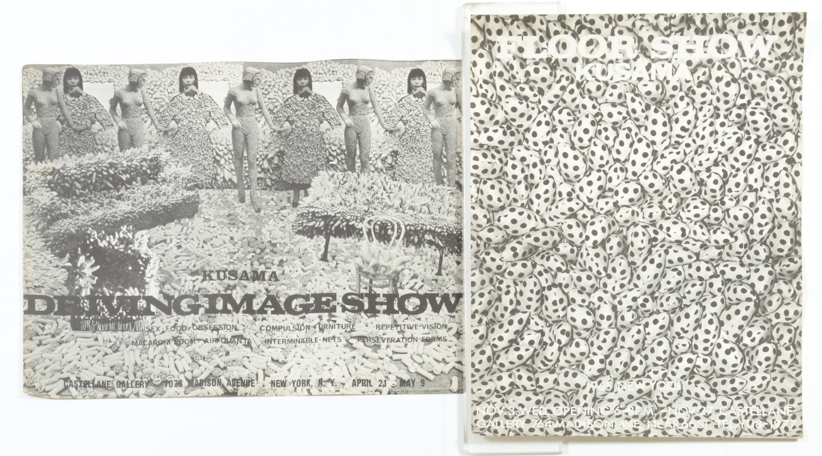Yayoi Kusama - Driving Image, Floor Show - Posters: Two Yayoi Kusama exhibition posters from the Castellane Gallery, NYC, each poster published on the occasion of both Yayoi Kusama exhibitions at Castellane Gallery, includes "Sex - Food-Obsession - Com