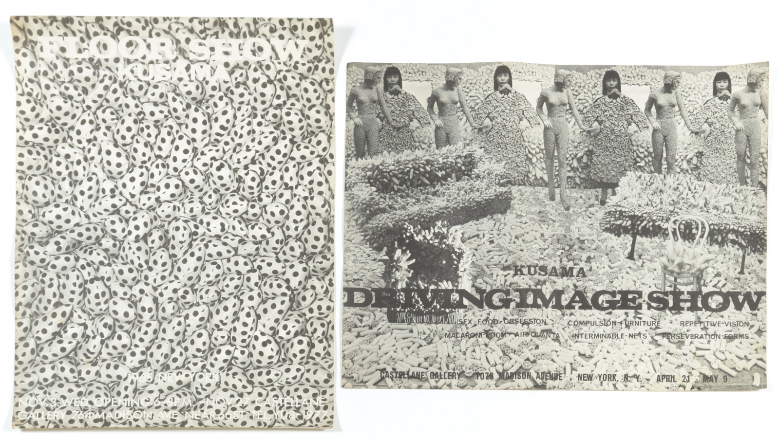 Yayoi Kusama - Driving Image, Floor Show - Posters: Two Yayoi Kusama exhibition posters from the Castellane Gallery, NYC, each poster published on the occasion of both Yayoi Kusama exhibitions at Castellane Gallery, includes "Sex - Food-Obsession - Com