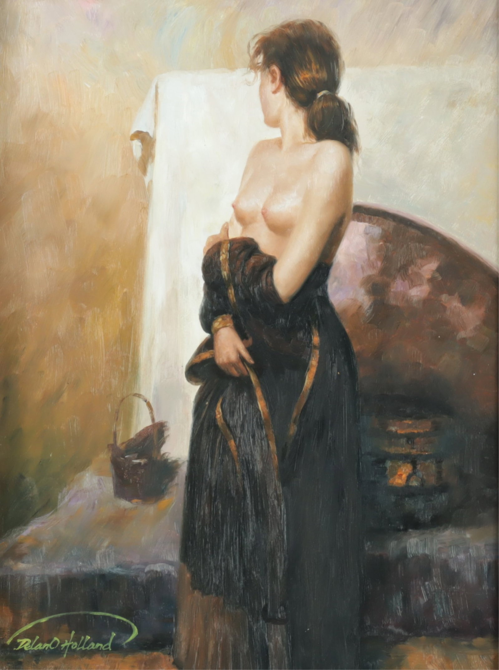 Delano Holland - Nude Model - O/C: Delano Holland (20th C), nude model, oil on canvas, signed lower left. 15.5 x 11.5" Framed 26.5 x 22" From a Roxbury Connecticut Home