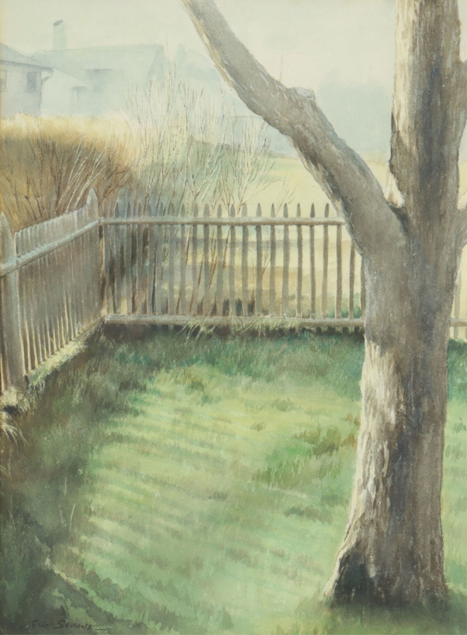 Eric Sloane - Landscape with Tree: Eric Sloane (American, 1905-1985) Landscape with tree, watercolor on paper. Signed in pencil lower left.18 x 13.5" Framed 29.5 x 23.5"Property from a Cornwall Bridge, CT home.