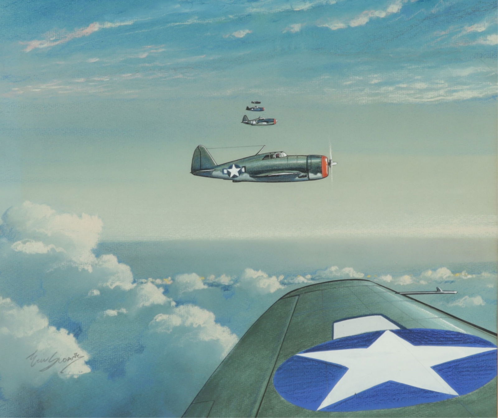 Eric Sloane - Aircraft in the Clouds: Eric Sloane (American, 1905-1985) Untitled, pastel on paper with pencil and ink, depicting four fighter jets above the clouds. Signed lower left in pencil.15 x 13" Framed 22.25 x 20.25"Property from a