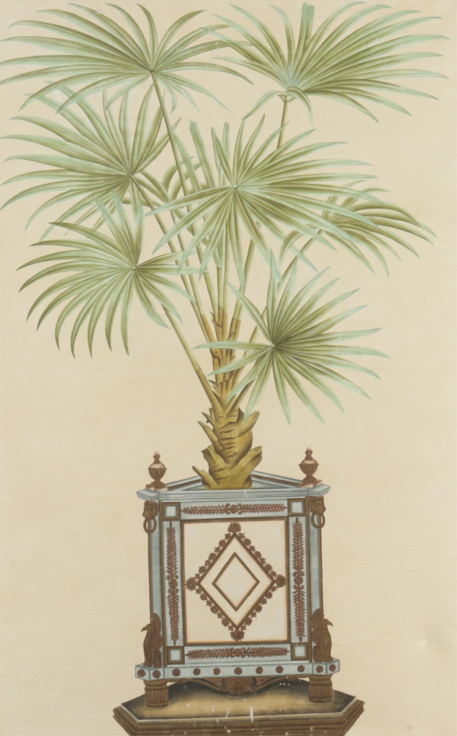 Neoclassical Style Painting of Palm Tree: Neoclassical style painting of palm tree in planter, paint on canvas fabric. 67 1/2 x 44 1/2 From a Roxbury Connecticut Home