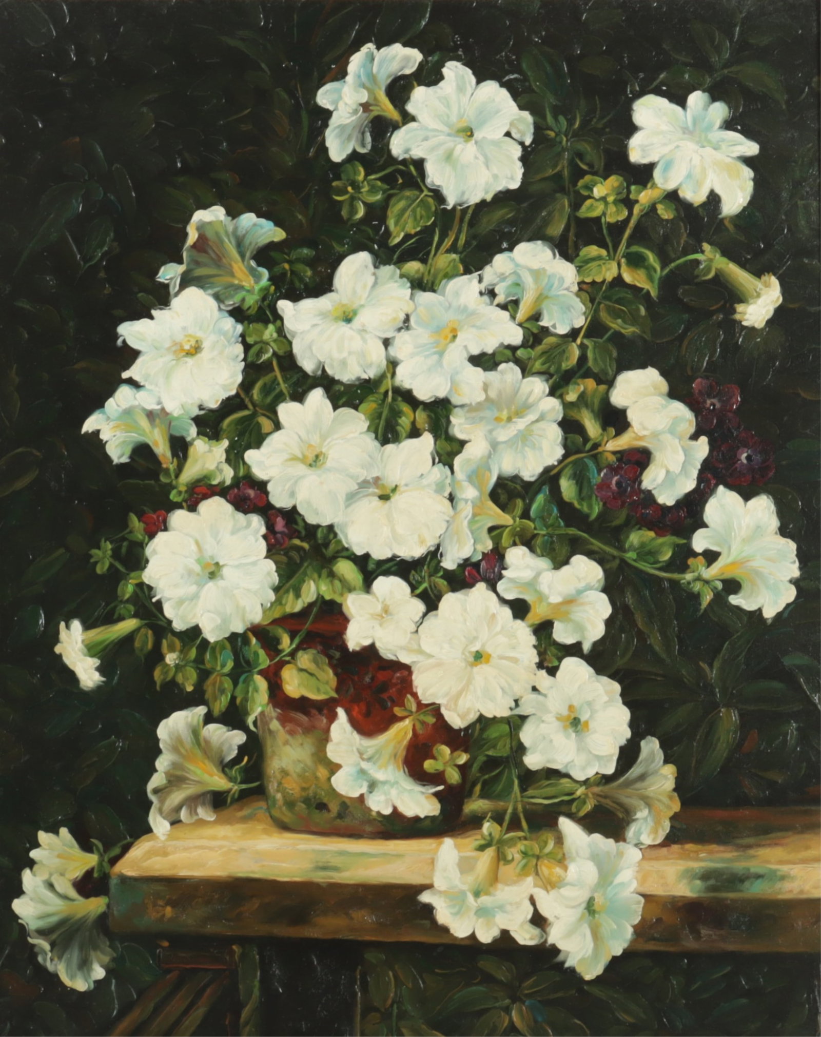 Chelsea House - Petunias Still Life - O/C: Chelsea House, 20th C., Petunias, oil on canvas in a Kneller style frame 29 x 23, framed 35 x 30 From a Roxbury Connecticut Home
