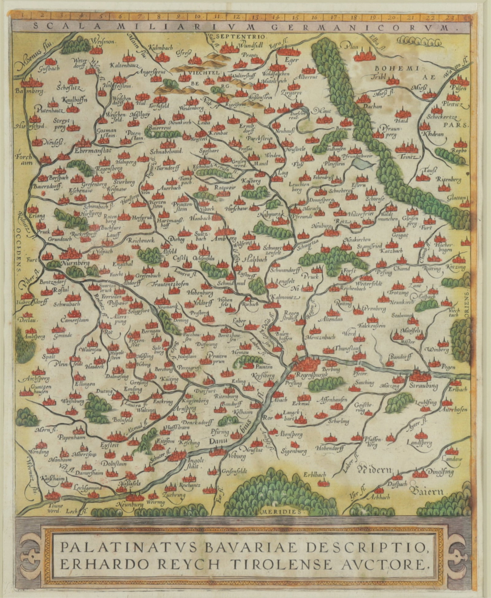 After Erhart Reich - Map Upper Palatinate Bavaria: Map of the Upper Palatinate region of Bavaria, after Erhart Reich, circa 1540, colored engraving, matted and framed. Sight: 12-1/2" H x 9-7/8" W; frame: 24-1/4" H x 20-3/8" W Property from a Litchfiel