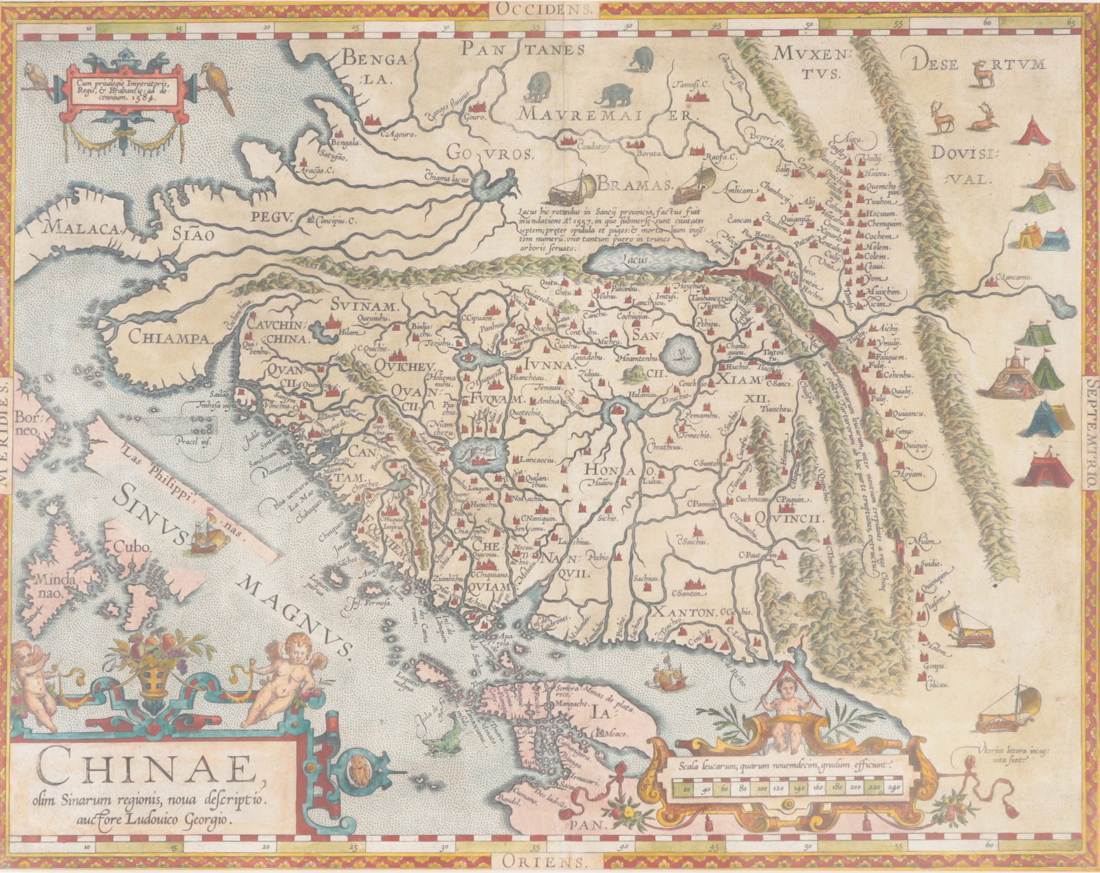 Ortelius - Chinae, olim Sinarum Region, 1584-1603: Abraham Ortelius, Antwerp, 1527-1598, Chinae, olim Sinarum Regionis,nova descripto., China with the north oriented on the right, c.1584-1603, Cartographer, Ludovico Georgio (Luiz Jorge de Barbuda), Po