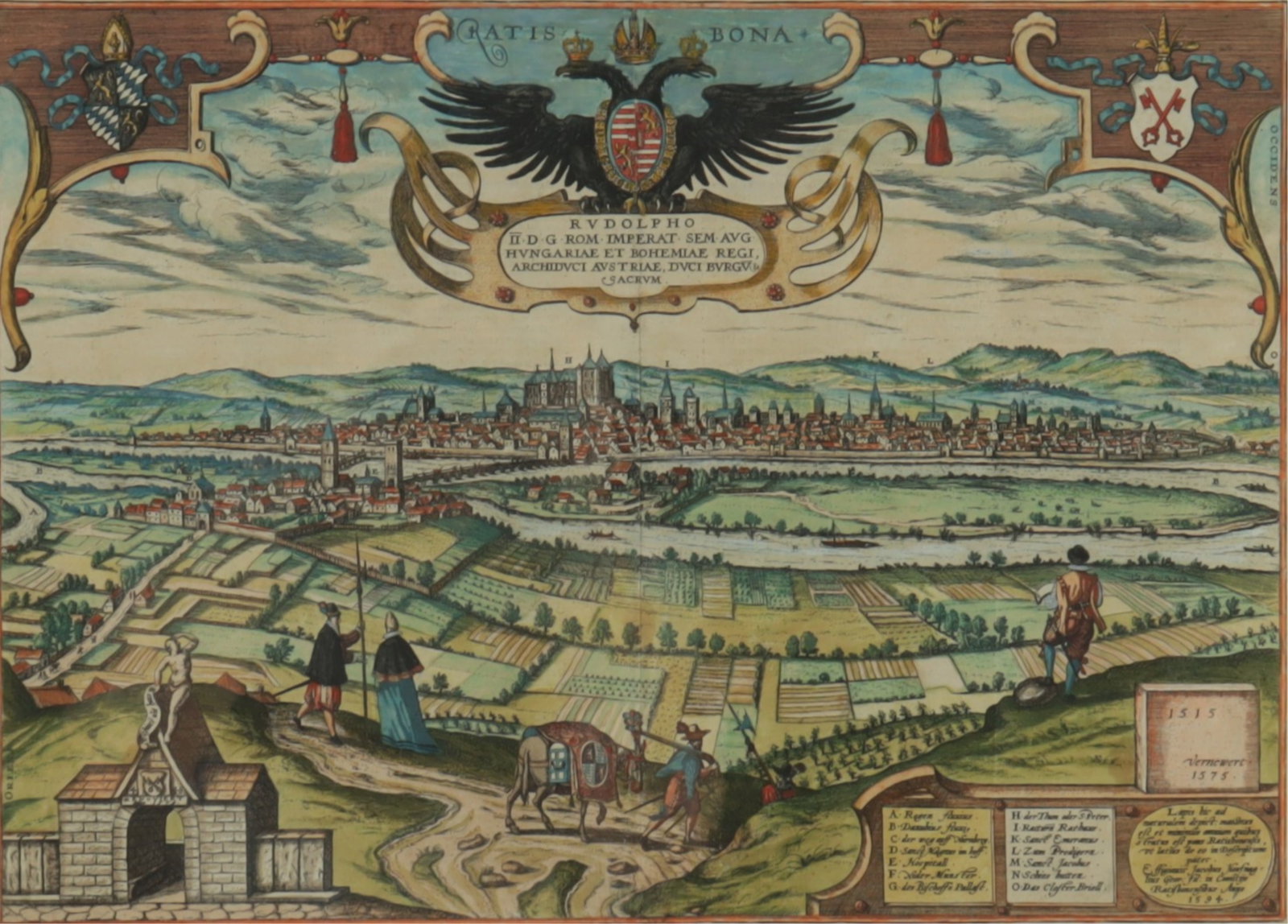After George Franz Braun - Map of Ratisbona: Map of Ratisbona (Regensburg, Germany), After George Franz Braun (1541-1622), 1594, colored engraving, matted and framed. Sight: 14-1'4: H x 20" W; frame: 26-1/2" H x 31-3/4" W Property from a Litchfi