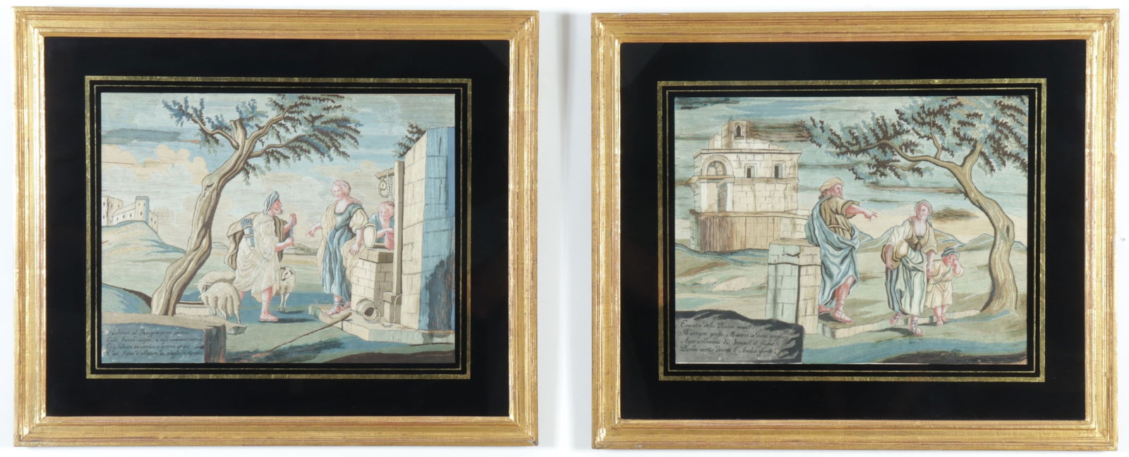 Pair of Print and Silk Paintings: A pair of print and silk paintings depicting 'Hager and Ishmeal Expulsion' and 'Rebecca at the Well'Framed 19" H x 22.5" WProperty from the Estate of Lola Finkelstein
