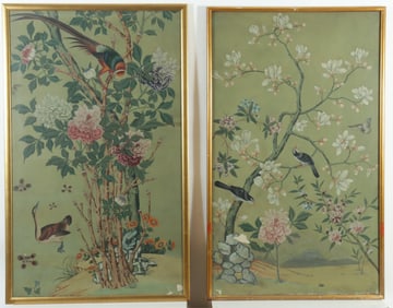 Near Pair Chinese Watercolors of Birds in Trees