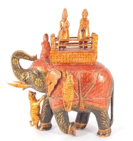 Indian Elephant Tiger Hunt Carved Painted