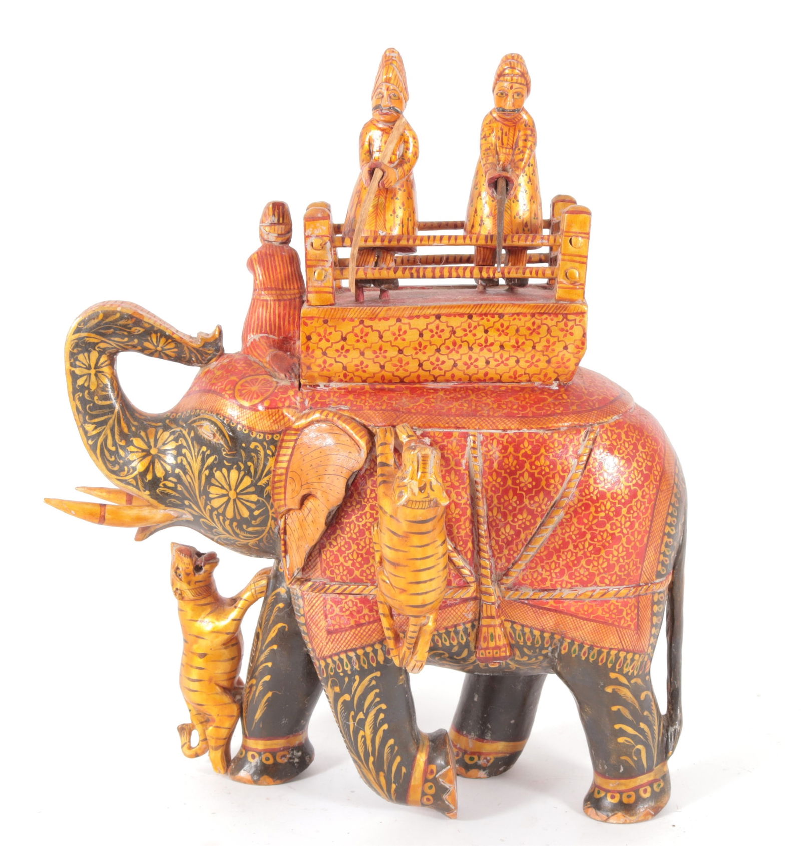 Indian Elephant Tiger Hunt Carved Painted (1 of 9)