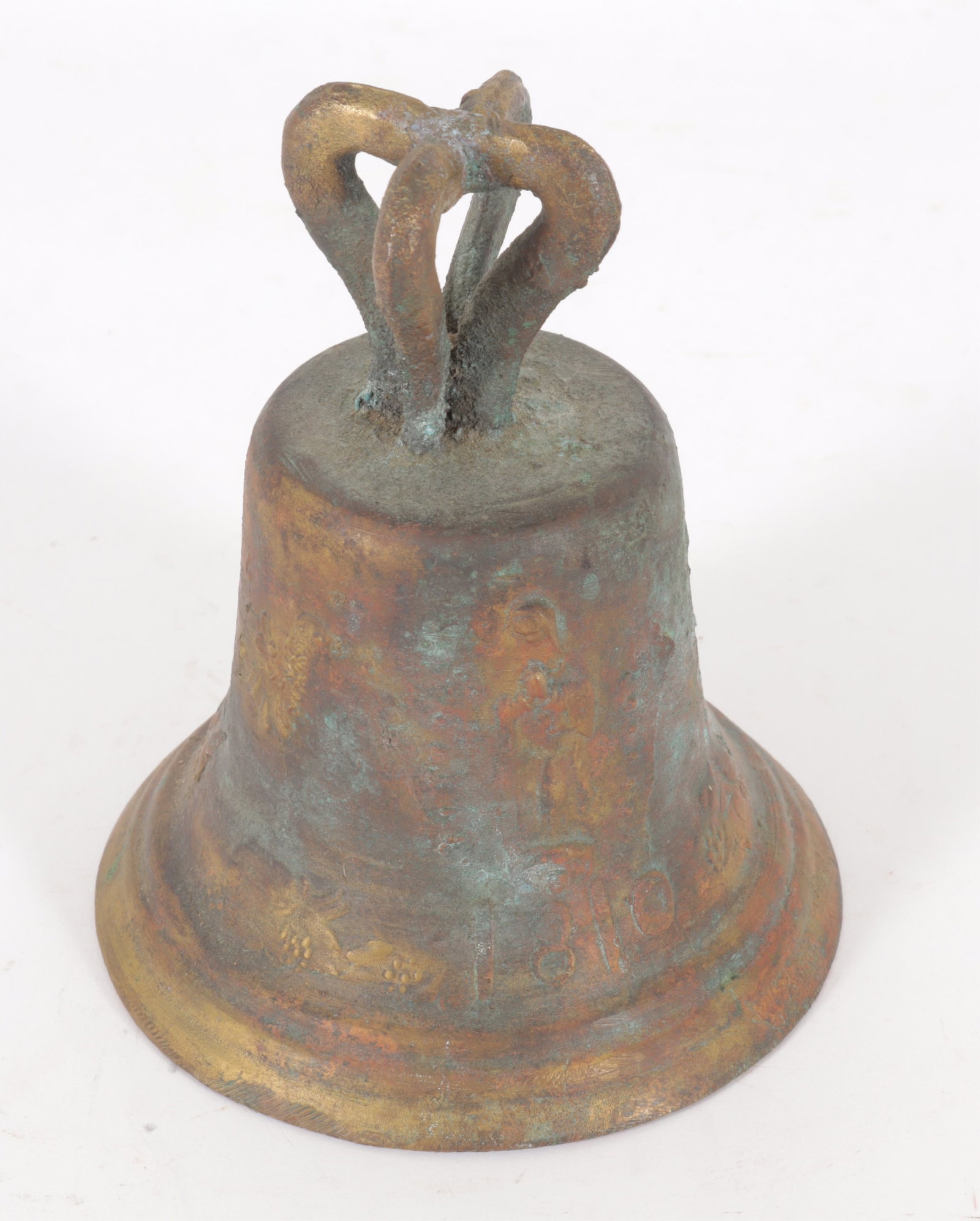 Spanish Colonial Mexican Bell-Virgin of Guadalupe: Mexican Spanish Colonial bell impressed with Patroness of the uprising against the Spanish, Virgin of Guadalupe, c.1810, commemorating Mexico's War of Independence from Spain 6 3/4 h x 5 3/4 w Propert
