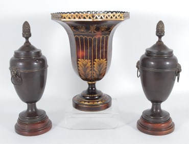 Decorative Metal Urns & Painted Vase