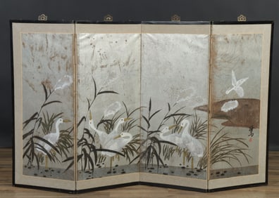 Japanese Silvered Paper 4-Panel Screen
