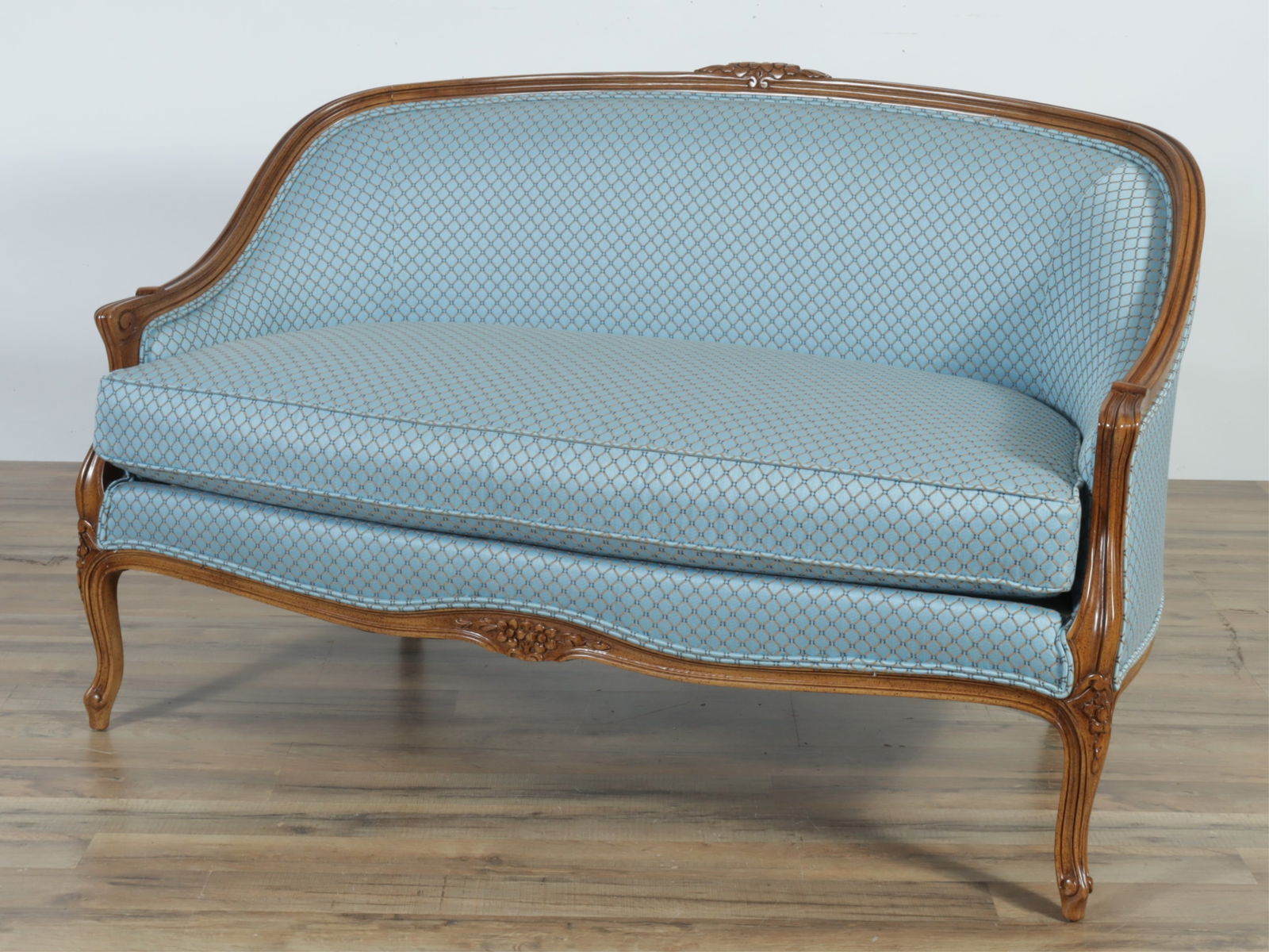 Louis XV Style Beechwood Stained Canape: Louis XV Style Beechwood Stained Canape, upholstered in blue damask by Vanguard Furniture32.25" H x 51.5" W x 30" D