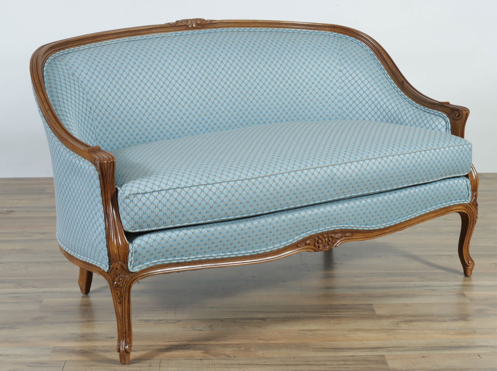 Louis XV Style Beechwood Stained Canape: Louis XV Style Beechwood Stained Canape, upholstered in blue damask by Vanguard Furniture32.25" H x 51.5" W x 30" D