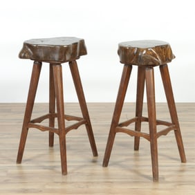 Pair of Rustic Stained Pine Barstools