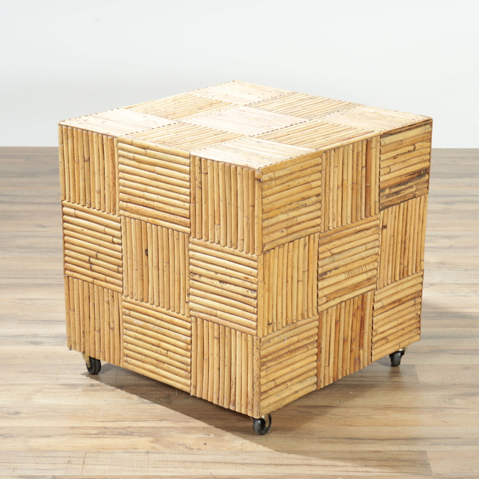 Bamboo Veneered Cube Table: Bamboo Veneered Cube Table on Casters. Mid Century20" H x 19.75" SquareProperty from a Litchfield, CT collection