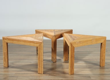 Three Bamboo Veneered Triangular Side Tables