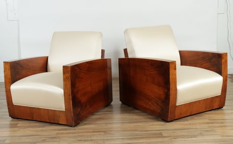 Pair of French Art Deco Walnut Club Chairs
