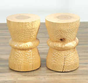 Pair Chipped Pine Stools, Poss. Vince Skelly