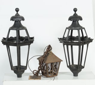Pair of Black Painted Metal Lanterns and Other